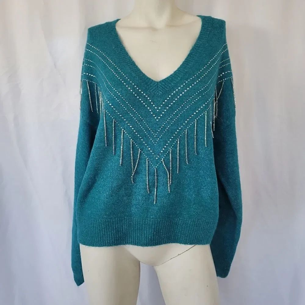 Broadway 38 womens Sz L  teal embellished fringe Sweater